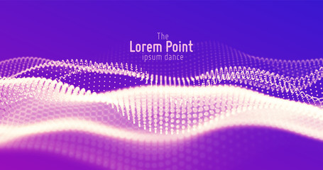 Vector abstract violet particle wave, points array, shallow depth of field. Futuristic illustration. Technology digital splash or explosion of data points. Point dance waveform. Cyber UI, HUD element.