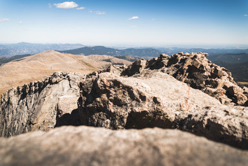 Landscape view of the Rocky Mountains from the top of Mount Evans in Colorado. 