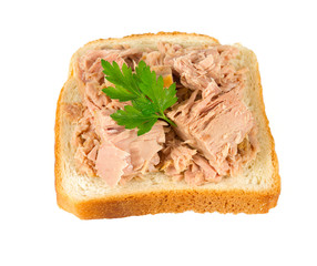 canned tuna fish on white bread slice isolated