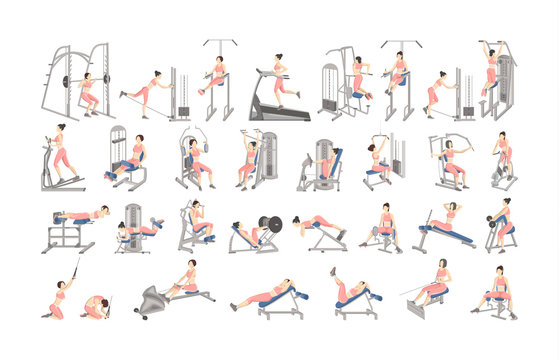 Set of workout for women on exercise machines.