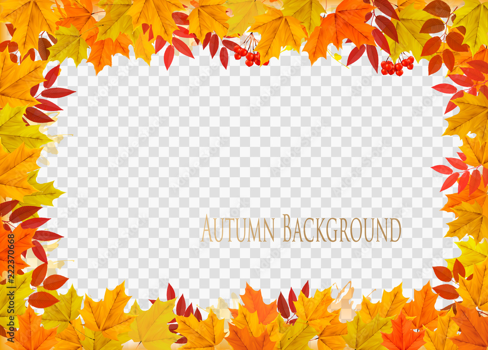 Poster Abstract autumn frame with colorful leaves on transparent background. Vector