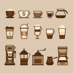Coffee objects and equipment. Cup and coffee brewing methods. Coffee makers and coffee machines, kettle, french press, moka pot, cezve. Flat style, vector illustration.