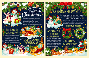 Obraz na płótnie Canvas Christmas gift, snowman and Santa sleigh poster