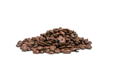 Pile of roasted coffee beans isolated in white background, selective focus on the center