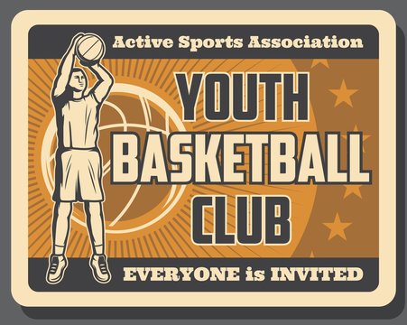 Sport basketball club vintage poster with player