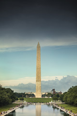 Washington DC Monument and the US Capitol Building across the reflecting pool from the Lincoln Memorial on The National Mall USA