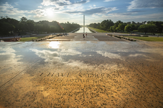Etched into the stone on the steps of the Lincoln Memorial, a marker of the exact spot Dr. Martin Luther King, Jr. stood to deliver the 'I Have a Dream' speech in 1963 in Washington DC