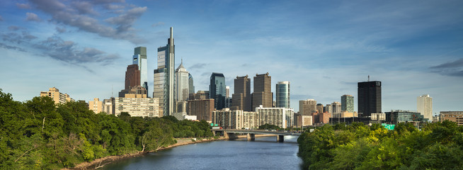 Philadelphia panoramic cityscape downtown urban core skyscrapers over the Schuylkill River in...