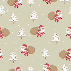 Merry Christmas seamless pattern with Santa Claus and christmas tree.