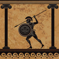 Ancient myth sceen,Black figure pottery.Hero,spartan,myth.Ancient civilization culture.