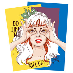 Beautiful young girl doing hand sign. Chellenge. Poster with the slogan: do like me! Hand drawn sketch. Vector illustration.