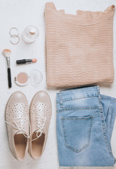 Autumn Arrives. Women fashion cloth and accessories. Trendy Cozy Jumper. Vanilla Pastel colors.