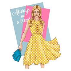 Beautiful young girl in fashionable yellow dress and with handbag. Yellow dress with pattern white polka. Pattern dot polka. Fashion model posing. Hand drawn sketch. Vector illustration.