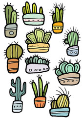 Hand drawn colorful flat various cactuses in pots isolated on the white background. Hand painted sketch of cartoon multicolor succulents with black outline set. Cactus stickers set.