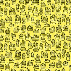 Many hand drawn graphic cactuses in pots collection seamless pattern, print for textile, wallpaper. Cacti  with white bold black outline on the yellow background. 