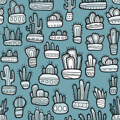 Many various hand drawn graphic cactuses in pots collection seamless pattern, print for textile, wallpaper. Cacti  with white bold black outline on the blue background. Baby room decor.