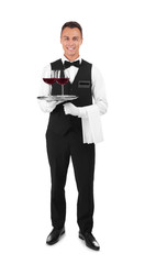 Obraz na płótnie Canvas Waiter holding metal tray with glasses of wine on white background