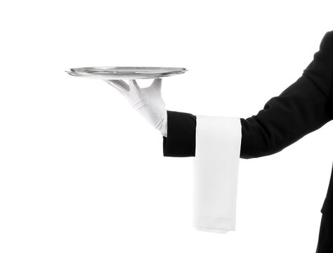 Waiter holding metal tray on white background