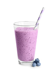 Tasty blueberry smoothie in glass on white background