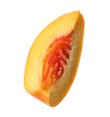 Slice of juicy peach on white background