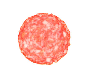 Slice of tasty salami on white background