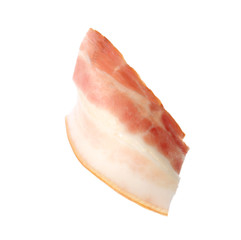 Slice of raw bacon on white background