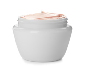 Jar with hand cream on white background