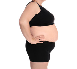 Fat woman on white background, closeup. Weight loss