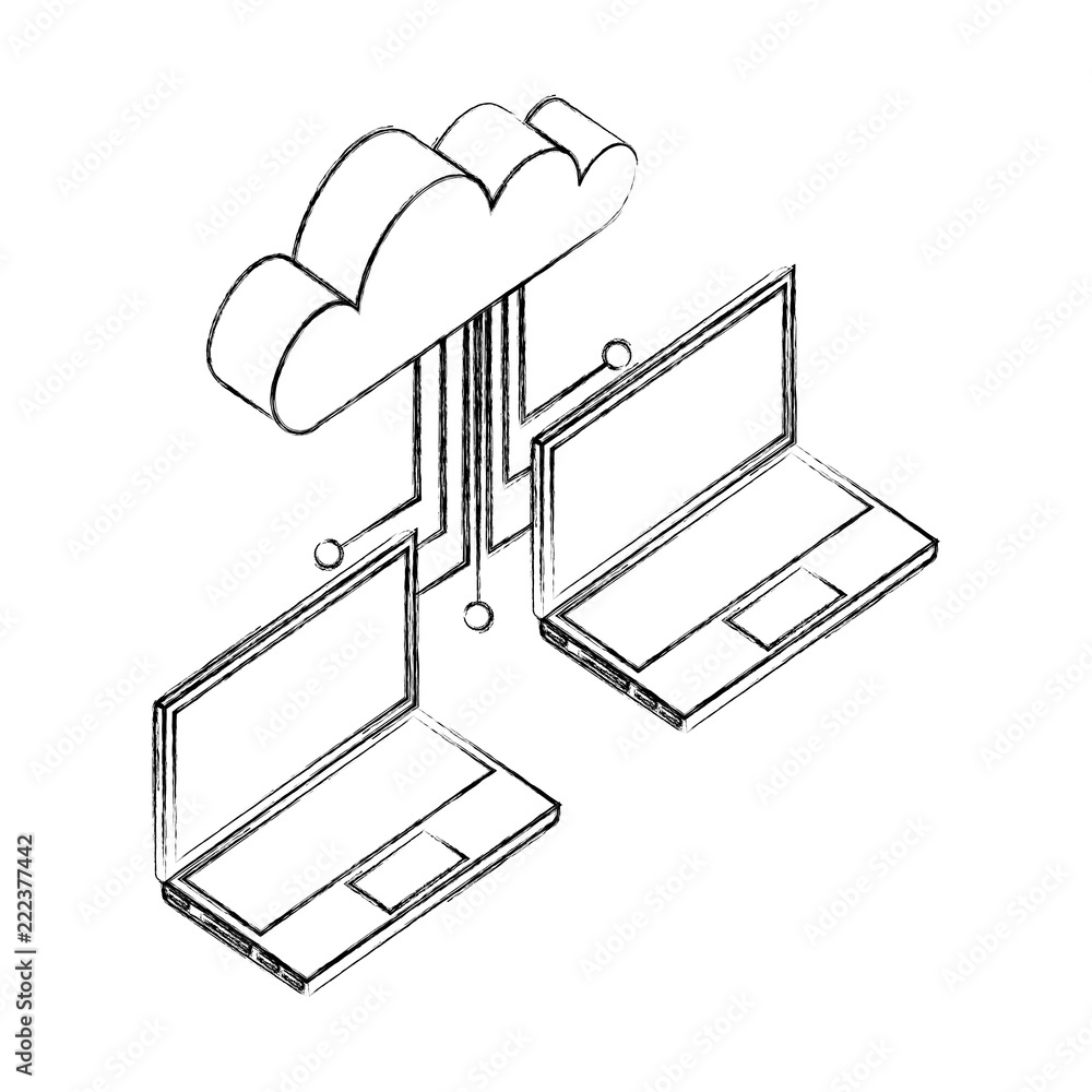 Poster two laptop cloud computing connected data network