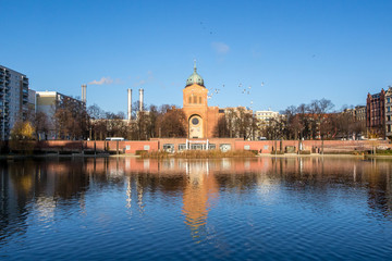 Engelbecken, in the background the St.-Michael-Church in Kreuzberg, Berlin, Germany. December 5,...