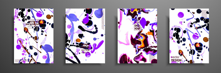 Covers with acrylic liquid textures. Colorful abstract composition. Modern artwork. Vector illustrations with mixed blue, purple and white color. Applicable for design placard, flyer, poster.