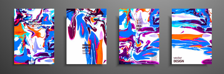 Covers with acrylic liquid textures. Colorful abstract composition. Modern artwork. Vector illustrations with mixed blue, purple, orange and white color. Applicable for design placard, flyer, poster.