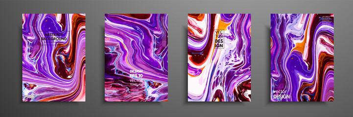Covers with acrylic liquid textures. Colorful abstract composition. Modern artwork. Vector illustrations with mixed blue, purple, brown and white color. Applicable for design placard, flyer, poster.