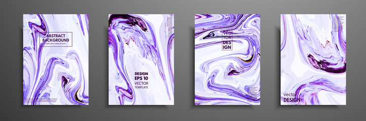 Flyer layout template with mixture of acrylic paints. Liquid marble texture. Fluid art. Applicable for design cover, flyer, poster, placard. Mixed blue, purple and white paints