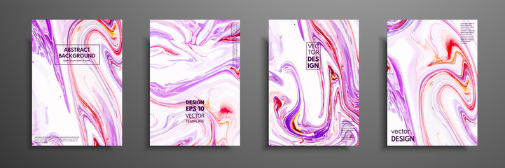 Flyer layout template with mixture of acrylic paints. Liquid marble texture. Fluid art. Applicable for design cover, flyer, poster, placard. Mixed pink, purple and white paints