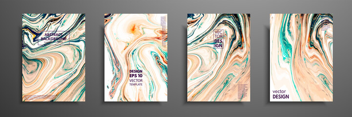 Flyer layout template with mixture of acrylic paints. Liquid marble texture. Fluid art. Applicable for design cover, flyer, poster, placard. Mixed orange, green and white paints