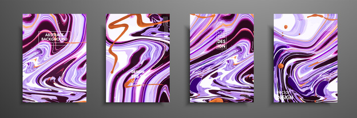 Covers with acrylic liquid textures. Colorful abstract composition. Modern artwork. Vector illustrations with mixed blue, purple, orange and white color. Applicable for design placard, flyer, poster