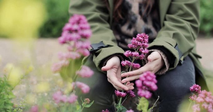 Closeup millennial female touching a wild flower in a scenic landscape