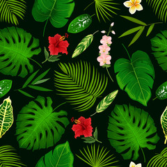 Tropical flower and palm leaf seamless pattern