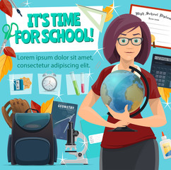 School time poster. Teacher and study stationery