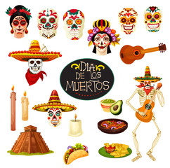 Obraz premium Dia de los Muertos symbols. Vector greeting card