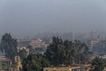 Cairo covered in smog, air pollution and low visibility.
