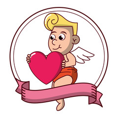 Cupid with heart on round emblem