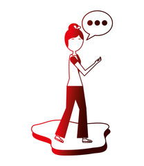 young woman using smartphone speech bubble chatting