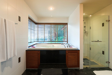 Luxury bathroom features basin, toilet bowl and bathtub