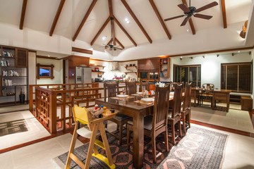 Luxury interior design in living room of pool villas.  wooden dining table , home, house