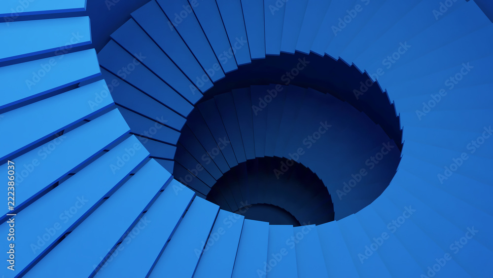 Poster structure of blue spiral staircase or tunnel in digital data technology concept. 3d abstract illustr