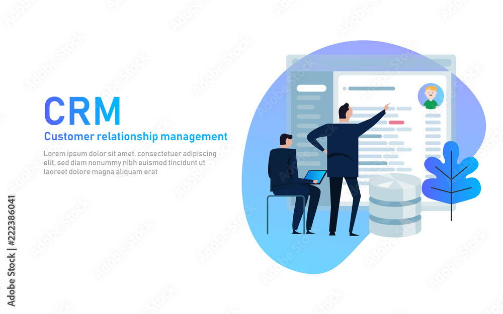 Poster crm. customer relationship management concept. businessman looking into database application screen.