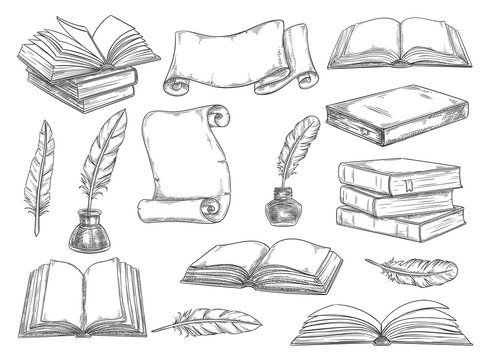 Retro Books And Literature Quills Vector Sketch