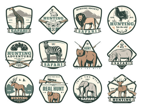 Hunting club icons with animals and hunter rifles